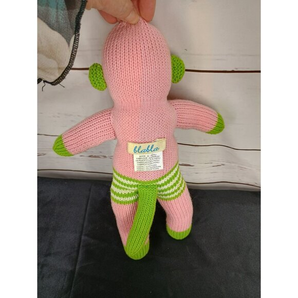 Blabla Handmade Knit Pink & Green Monkey Doll 100% Cotton For Kids Or Collectors - Picture 2 of 5